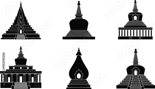 Set of six black silhouette ancient temples and stupas with stepped bases and spires isolated on white background for historical architectural design projects.