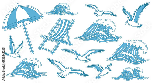 Collection of blue line illustrations of beach and ocean elements
