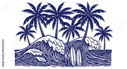 Vintage tropical scene with palm trees and ocean waves in blue