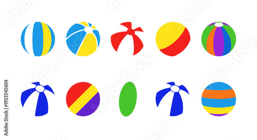Collection of colorful beach balls with various patterns and colors