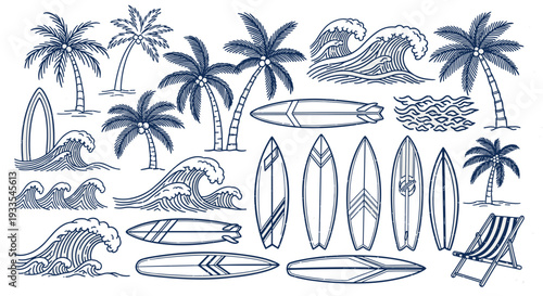 Collection of surfboards and ocean waves with palm trees