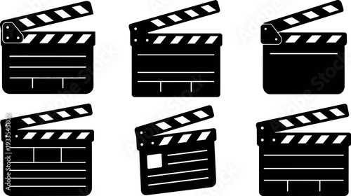 Flat design close up film clapperboard icon set six silhouettes different angles and open positions for media projects branding print