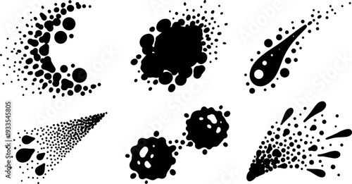 Halftone vector splatter icons set showing dynamic comet drops ink blot silhouettes in motion isolated on white high contrast background