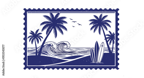 Vintage postage stamp with tropical beach scene and palm trees