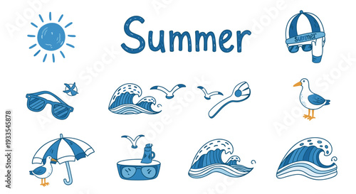 Collection of summer beach and vacation icons with umbrellas and waves