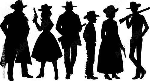 Silhouette vector western group with six cowboys and cowgirls standing side view holding guns and rifles period bold dramatic contrast