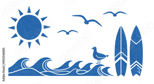 Blue silhouette of ocean waves seagulls and surfboards