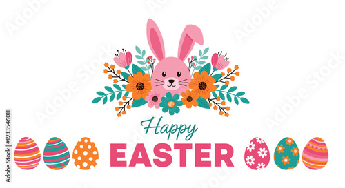 Cute pink bunny with colorful flowers and decorated eggs for easter