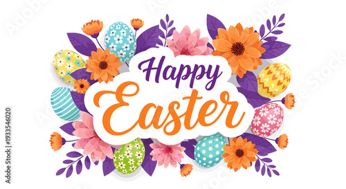 Colorful easter greeting card with flowers and decorated eggs