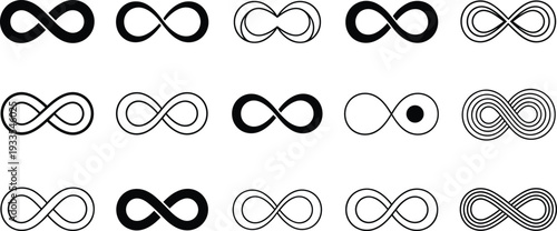 Large collection of black minimalist infinity symbol vector icons featuring various eternal loop designs geometric shapes and abstract decorative elements for creative branding projects.