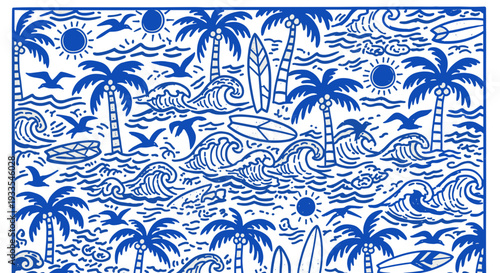 Tropical island scene with palm trees ocean waves and sun in blue