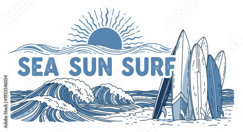 Sea sun surf illustration with waves surfboards and sun rays