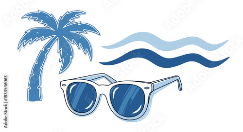 Summer vacation accessories including sunglasses and palm tree