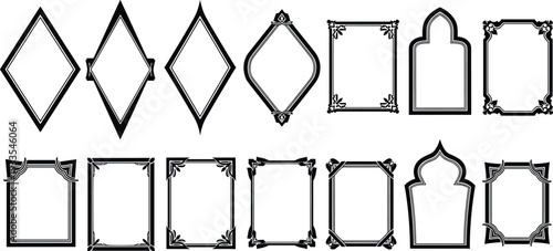 Large collection of black silhouette vector icons featuring various decorative frame shapes vintage border outlines and ornamental label plaques for creative branding designs.