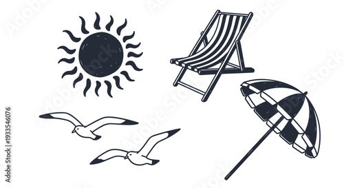 Collection of summer beach accessories including sun, chair, umbrella