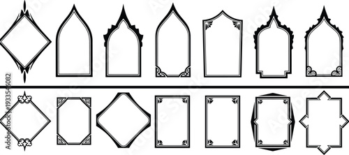 Large collection of black silhouette vector icons featuring various decorative frame shapes vintage border outlines and ornamental label plaques for creative branding designs.