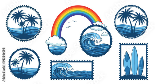 Set of tropical island icons with palm trees ocean waves and rainbow