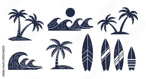 Collection of stylized surfboards and palm trees on a beach scene