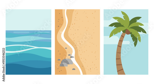 Set of three beach scenes including ocean sand and palm tree