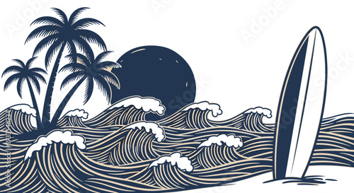 Surfboard standing on ocean waves with palm trees and moonlit sky