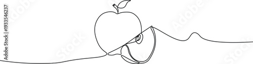 Continuous One Line Drawing of Apple with Slice.Organic Food and Minimalist Health Logos