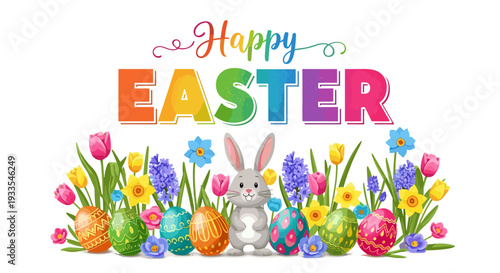 Colorful easter greeting card with bunny, eggs, flowers and grass