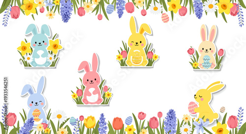 Cute pastel bunny rabbits with flowers and eggs for spring celebration