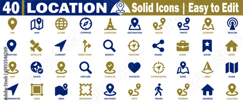 Location solid icons set. Featuring bold navigation markers, map shapes, route paths, tracking symbols, and directional indicators for mobile interface vector illustration.
