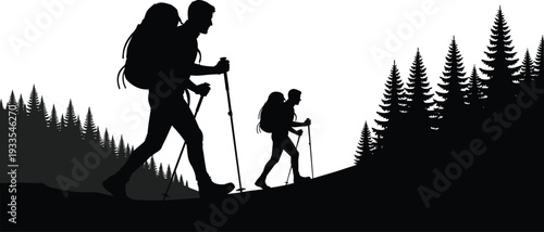 Silhouette illustration of two hikers with backpacks and trekking poles walking up a hill in a pine forest landscape for adventure and travel concepts