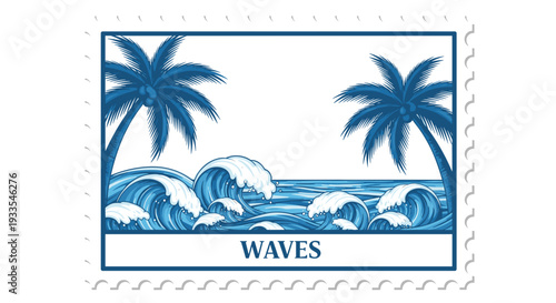 Illustration of ocean waves with palm trees and shoreline scene
