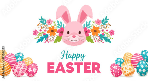 Cute pink bunny with colorful flowers and easter eggs celebration