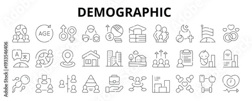 30 Demographic Line Icons Vector - Population, Age, Gender, Religion, Nationality, Marital Status, Census, Language 
