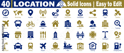 Location solid icons set. Including transport symbols, city buildings, public facilities, and infrastructure elements for urban mapping and navigation vector illustration.