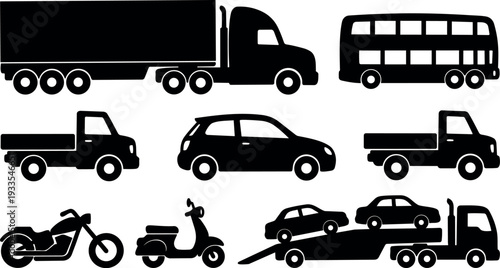 Silhouette vector transport icon set showing semi truck car carrier double decker bus compact car pickup motorcycle scooter side view