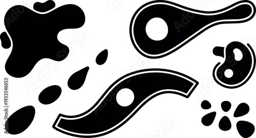 Flat vector ink splat and organic blob shapes assortment isolated on white background bold silhouette set sticker icon design elements