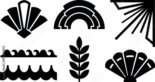 Art deco corner sun ray and scallop shell vector icons with laurel branch and stylized wave motifs in black silhouette