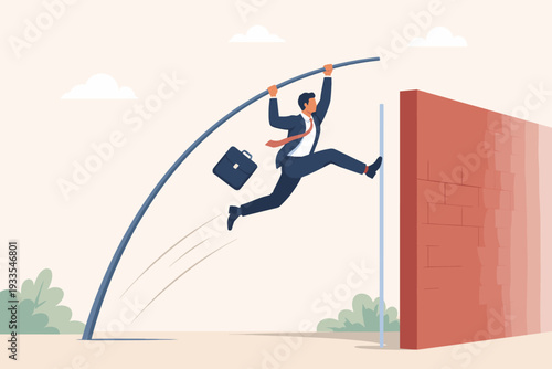 Business Success Concept with a Businessman Pole Vaulting Over a High Brick Wall to Overcome Obstacles and Challenges. Ambitious Professional Achieving Goals and Finding Solutions in Career.