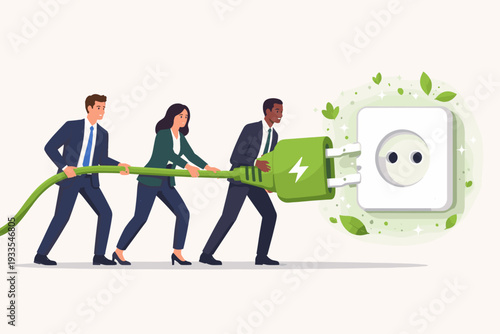 Diverse Business Team Collaborating to Connect a Large Green Electric Plug into a Wall Socket, Representing Sustainable Energy Solutions, Corporate Environmental Responsibility, and Green Power.