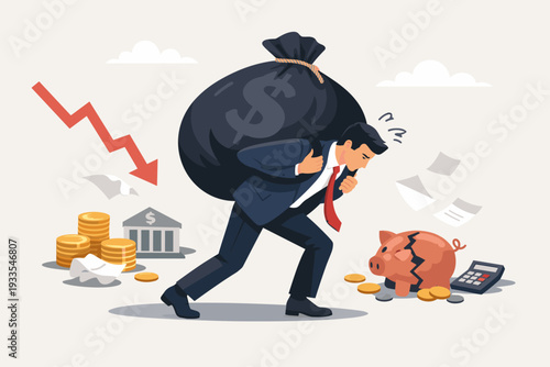 Businessman Carrying Heavy Money Bag on His Back Representing Financial Debt, Economic Crisis, and Bankruptcy. Stressed Man with Broken Piggy Bank, Falling Arrow, and Coins in Business Concept.