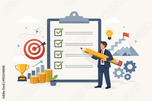 Businessman Checking Tasks on Giant Clipboard for Business Organization and Goal Achievement; Concept of Productivity, Success, Planning, and Effective Management with Growth Icons and Gears