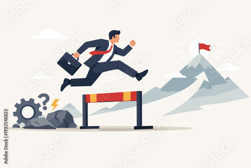 Ambitious businessman jumping over hurdle obstacle towards mountain peak with red flag, symbolizing success, leadership, career growth, problem solving, and achievement in flat vector design.