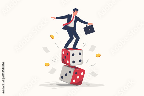 Businessman in a Suit Balancing on Unstable Stacked Dice with Flying Coins and Papers, Representing Business Risk, Luck, Chance, and Financial Instability in a Simple Flat Vector Illustration