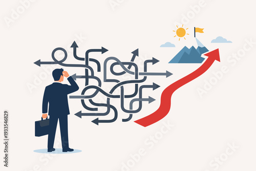 Businessman looking at a complex labyrinth of tangled grey arrows while choosing the right path represented by a red arrow pointing towards a mountain peak with a flag and sun for success.