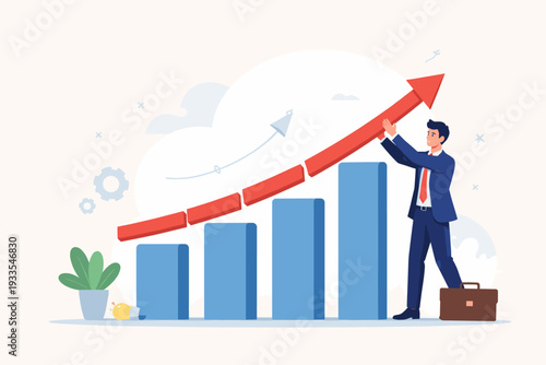 Businessman in a suit building and developing a company growth bar graph with a rising red arrow, representing financial success, professional achievement, career progress, and business strategy.