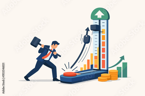 Businessman Hitting Target of Strength Tester with Large Hammer to Increase Business Growth and Financial Profit, Concept of Success, Achievement, and Reaching High Performance Goals in Market