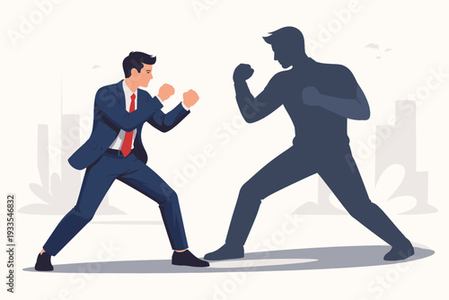 Businessman in Suit Fighting His Own Large Shadow, Concept of Internal Struggle, Self-Doubt, Overcoming Personal Obstacles, Mental Health, Inner Conflict, and Business Competition Flat Vector