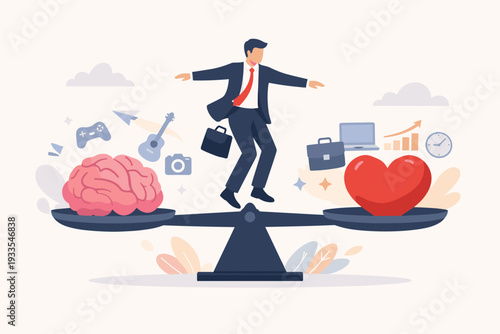 Businessman Balancing Between Brain and Heart on Scales, Concept of Logic vs Emotion, Mind vs Feelings, Work Life Balance, Rational Thinking vs Passion, Career Decision Making and Mental Health.