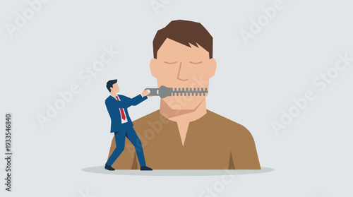 Businessman Using a Zipper to Seal a Giant's Mouth, Representing Censorship, Silence, and the Suppression of Free Speech in a Corporate or Political Context, Flat Vector Illustration Concept
