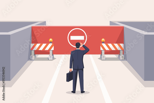 Businessman in a suit facing a dead end with a red wall and no entry sign, symbolizing career obstacles, business failure, professional challenges, and being stuck in a corporate path.