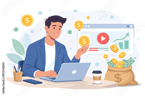 Successful Businessman Making Money Online from Video Content Creation. Young Content Creator Monetizing Videos on Laptop with Floating Gold Coins, Cash Bag, and Growth Graph Illustration.